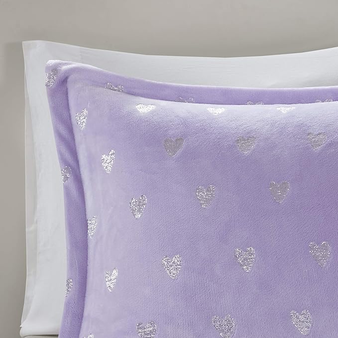 Mi Zone Rosalie Comforter Set for Girls, Ultra-Soft Microlight Plush Metallic Printed Hearts Brushed Reverse Overfilled Down Alternative Hypoallergenic All Season, Full/Queen, Purple/Silver, 4 Piece - LeafyLoom