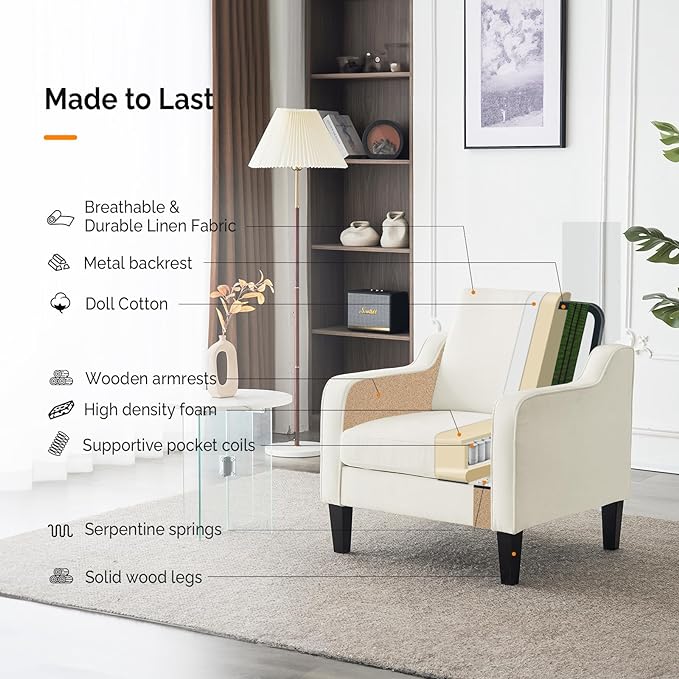 VINGLI Accent Chairs for Living Room Arm Chairs Set of 2 Mid Century Modern Chair Chenille Upholstered Comfy Chair Side Chair for Bedroom, Play Room, Apartment, Office (Creamy White) - LeafyLoom