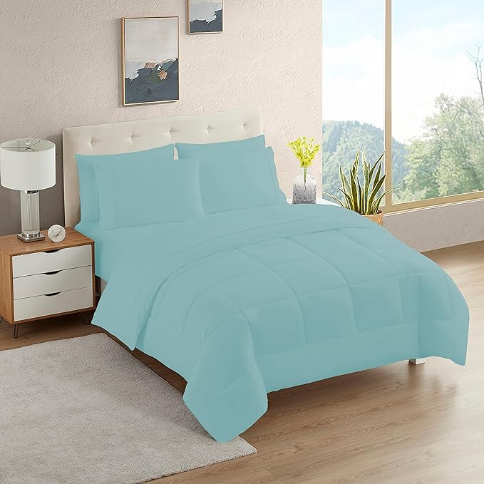 Dorm Room Essentials College Bedding Comforter Set 5 Piece Twin XL Size Bed in a Bag for College Students Boys and Girls, Twin XL, Misty Blue - LeafyLoom
