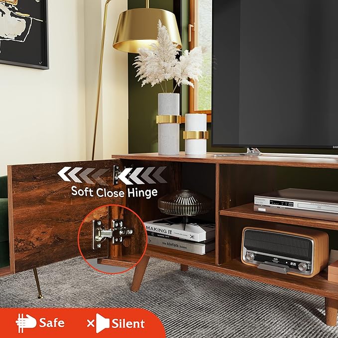 WLIVE TV Stand for 55 60 inch TV, Mid Century Modern TV Console, Entertainment Center with Storage for Living Room, Retro Brown - LeafyLoom