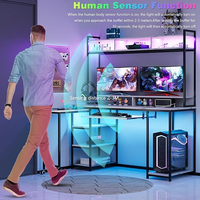 Lvifur RGB Gaming Desk with Wireless Charging Station,7 Dynamic & 24 Static Dimmable Computer Desk with Movable Table, 55'' Home Office Small Desk with Keyboard Tray,Monitor Stand,Display Stand - LeafyLoom