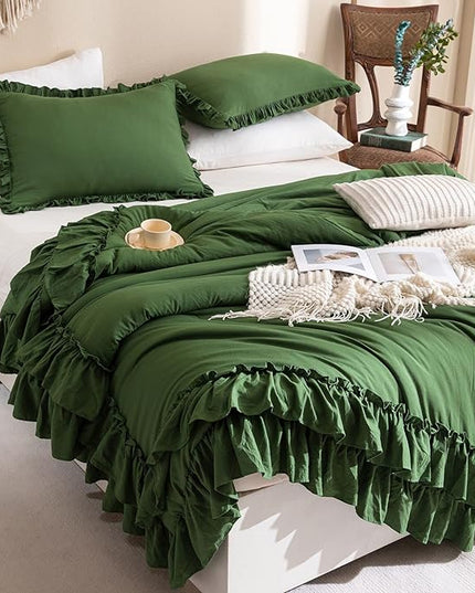 Olive Green Comforter Set Queen,Farmhouse Bedding Queen Size Comforter Set with Ruffle,Shabby Boho Chic French Country Dark Green Bedding Sets 3 Pieces - LeafyLoom