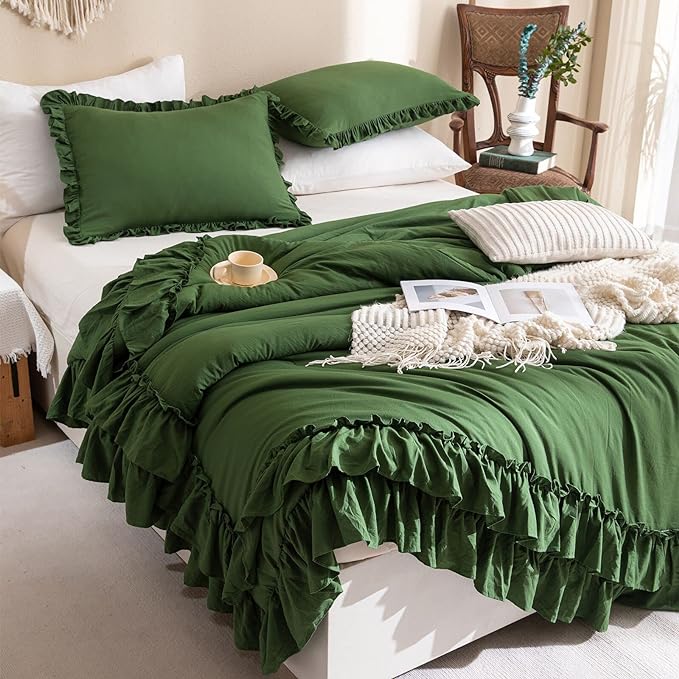 Olive Green Ruffled Comforter King Size,Farmhouse Shabby Boho Chic King Bed Comforter Vintage Rustic Bedding Ultra Soft 3PCS (1 Ruffle Comforter and 2 Pillowcases) - LeafyLoom