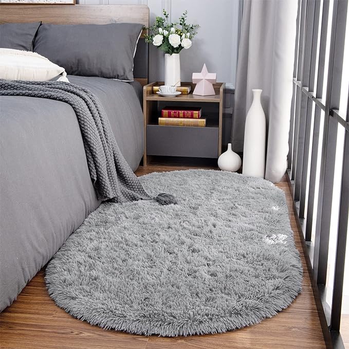 Noahas Ultra Soft Fluffy Bedroom Rugs,Shaggy Grey Area Rugs for Bedroom,Oval Throw Rugs, Kids Room Small Carpet,Living Room Runner Rug Non Slip Modern Home Decor 2.6' X 5.3' - LeafyLoom
