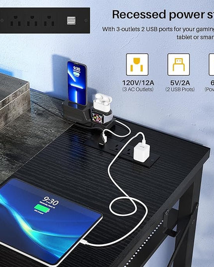39.4'' Gaming Desk with LED, 39 Computer Desk with Outlets, Small Desk for Small Space, Simple Study Student Writing Desk with Monitor Stand, Laptop Table for Home Office, Grey and Black - LeafyLoom