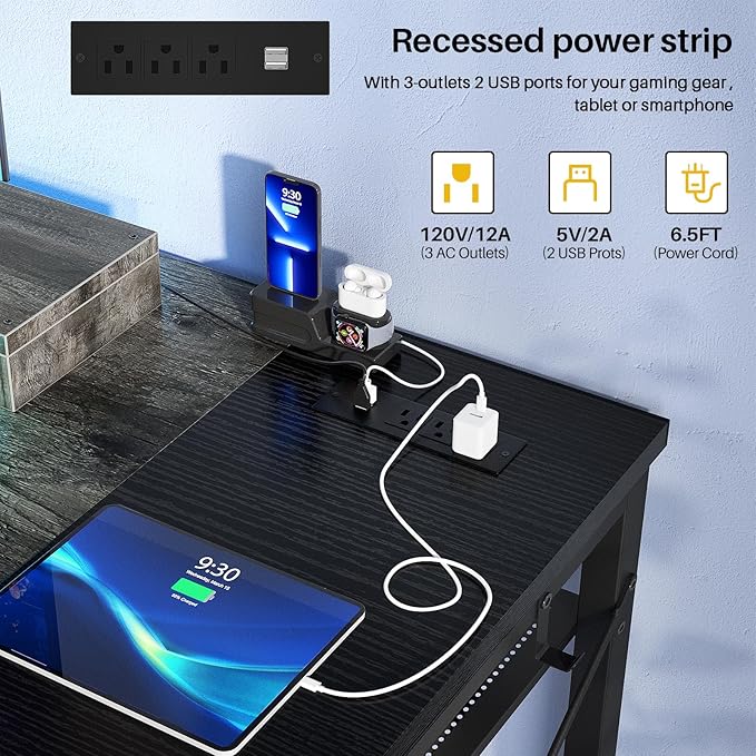 39.4'' Gaming Desk with LED, 39 Computer Desk with Outlets, Small Desk for Small Space, Simple Study Student Writing Desk with Monitor Stand, Laptop Table for Home Office, Grey and Black - LeafyLoom