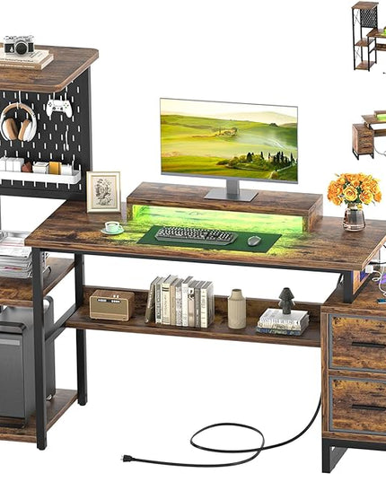 Computer Desk with 2 Fabric Drawers - Reversible Home Office Desk with Power Outlet & LED Lights, 53" Writing Desk with Monitor Stand & Storage Shelves, Gaming Desk with Pegboard, Rustic Brown - LeafyLoom