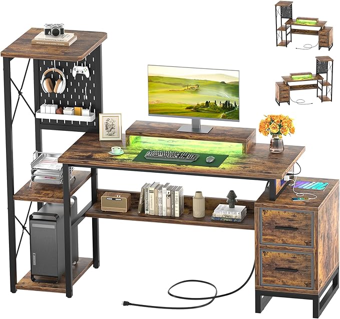 Computer Desk with 2 Fabric Drawers - Reversible Home Office Desk with Power Outlet & LED Lights, 53" Writing Desk with Monitor Stand & Storage Shelves, Gaming Desk with Pegboard, Rustic Brown - LeafyLoom