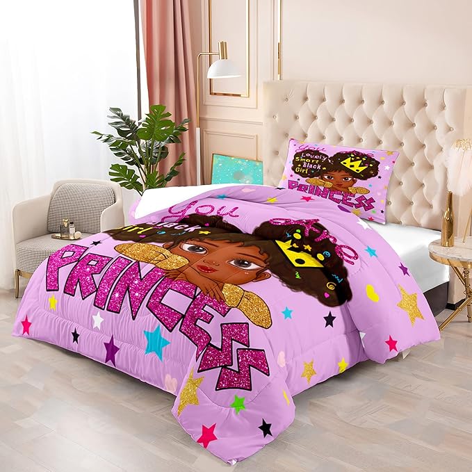 Black Girl Comforter Sets Twin-African Black Girls Twin Comforter Sets for Girls Cute Black Girl Twin Bedding Sets for Girls Princess Room Decor for Girls Bedroom, Twin (1 Comforter 1 Pillowcase) - LeafyLoom