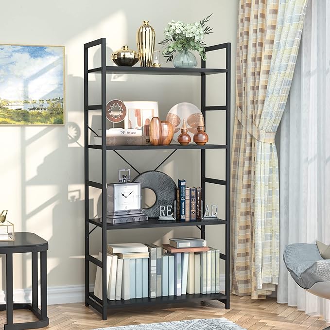 NUMENN 4 Tier Bookshelf, Tall Bookcase Shelf Storage Organizer, Modern Book Shelf for Bedroom, Living Room and Home Office, Black - LeafyLoom
