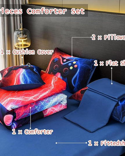 DORCAS Gamer Comforter Sets with Sheets for Boys,Twin Size Gamer Bedding Sets Boys,6 Pieces Lightning Gaming Comforter Set for Boys Kids Teens (Red&Blue, Twin) - LeafyLoom