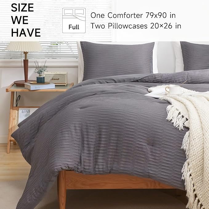 Dark Gray Seersucker Comforter Set Full Size (79x90 in), 3 Pieces Soft Crinkled Textured Comforter with 2 Pillowcases, Lightweight Microfiber Down Alternative Bedding Set for All Season - LeafyLoom