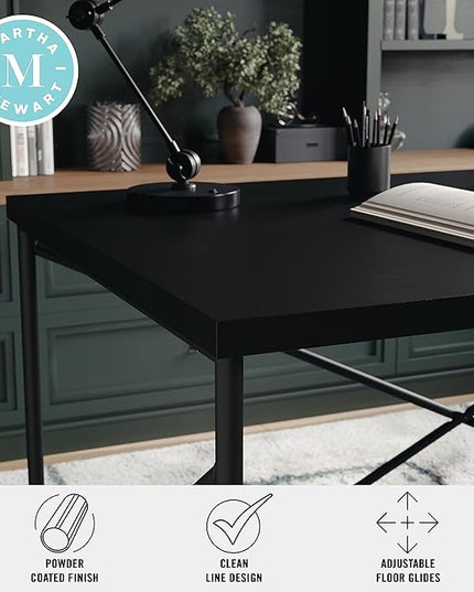 Martha Stewart Maddox Home Office Parsons Desk in Black Wood Grain with Oil Rubbed Bronze Metal X-Frame - LeafyLoom