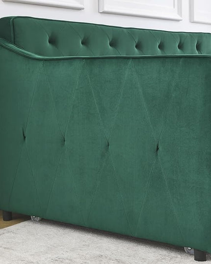 Upholstered Twin Size Daybed with Twin Trundle, Solid Wood Sofa Bed w/Button Tufted Backrest and Waved Shape Arms, for Kids, Living Room, Bedroom, Dorm, No Box Spring Needed, Green - LeafyLoom