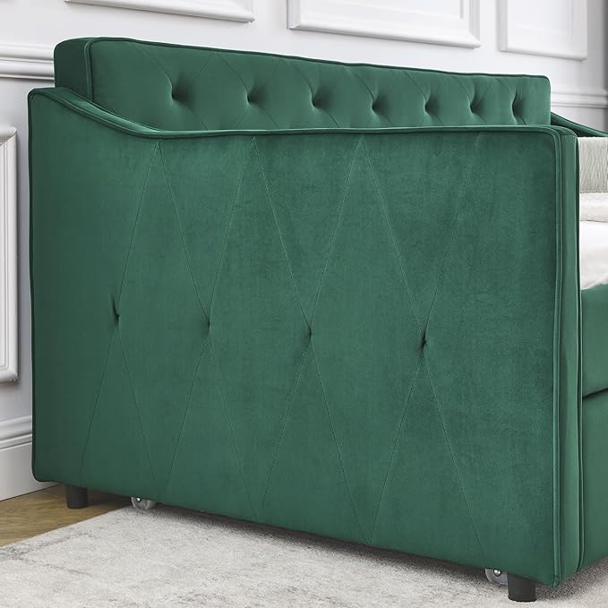 Upholstered Twin Size Daybed with Twin Trundle, Solid Wood Sofa Bed w/Button Tufted Backrest and Waved Shape Arms, for Kids, Living Room, Bedroom, Dorm, No Box Spring Needed, Green - LeafyLoom