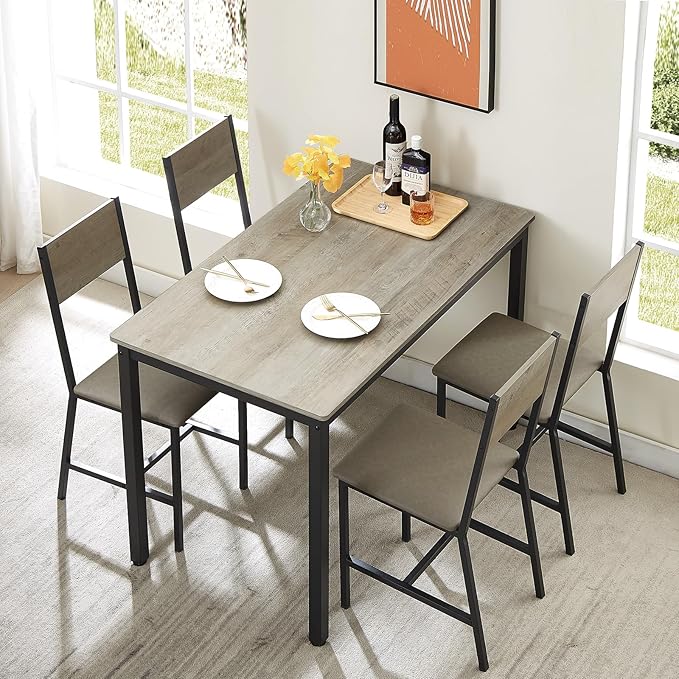 Dining Table Set for 4, Industrial Metal Wood 47.2" Kitchen Dining Table with 4 Upholstered PU Leather Chairs, Indoor Modern Furniture Set for Dining Room, Dinette, Breakfast Nook, Grey - LeafyLoom