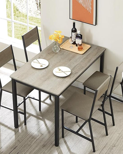 Dining Table Set for 4, Industrial Metal Wood 47.2" Kitchen Dining Table with 4 Upholstered PU Leather Chairs, Indoor Modern Furniture Set for Dining Room, Dinette, Breakfast Nook, Grey - LeafyLoom