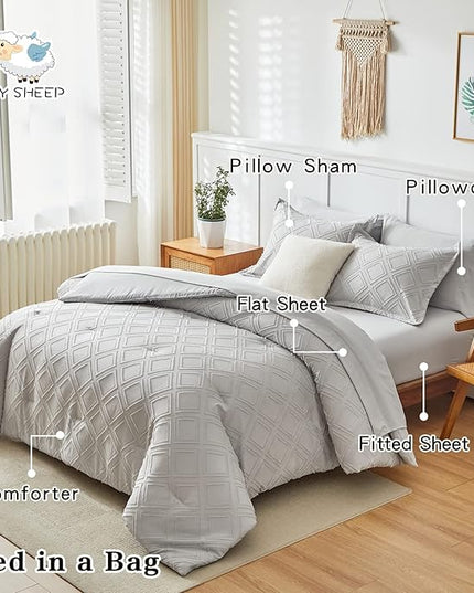 7 Pieces Tufted Bed in a Bag King Comforter Set with Sheets Light Grey, Soft and Embroidery Shabby Chic Boho Bohemian, Solid Color with Diamond Pattern, Jacquard Tufts Bedding Set for All Season - LeafyLoom