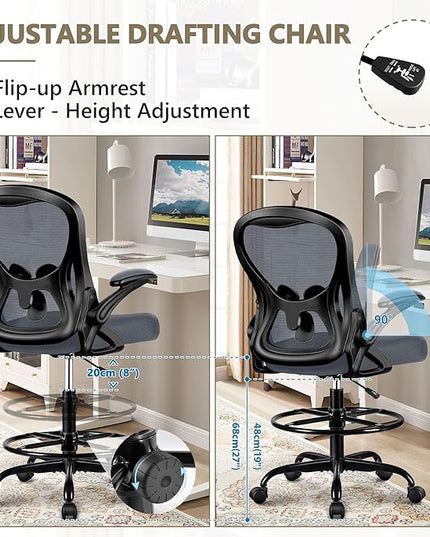 Drafting Chair, Tall Office Chair Ergonomic Standing Desk chair, Lumbar Support Computer Chair Swivel Task Rolling Chair with Adjustable Flip-up Armrests & Foot Ring (Dark Gray) - LeafyLoom