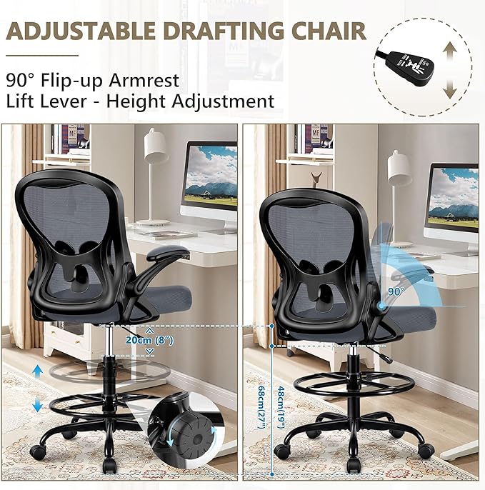 Drafting Chair, Tall Office Chair Ergonomic Standing Desk chair, Lumbar Support Computer Chair Swivel Task Rolling Chair with Adjustable Flip-up Armrests & Foot Ring (Dark Gray) - LeafyLoom