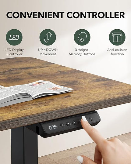 FEZIBO L Shaped Standing Desk Adjustable Height, 63 Inch Electric Stand up Corner Computer Desk, Sit Stand Home Office Desk with Splice Board, Rustic Brown Top/Black Frame - LeafyLoom