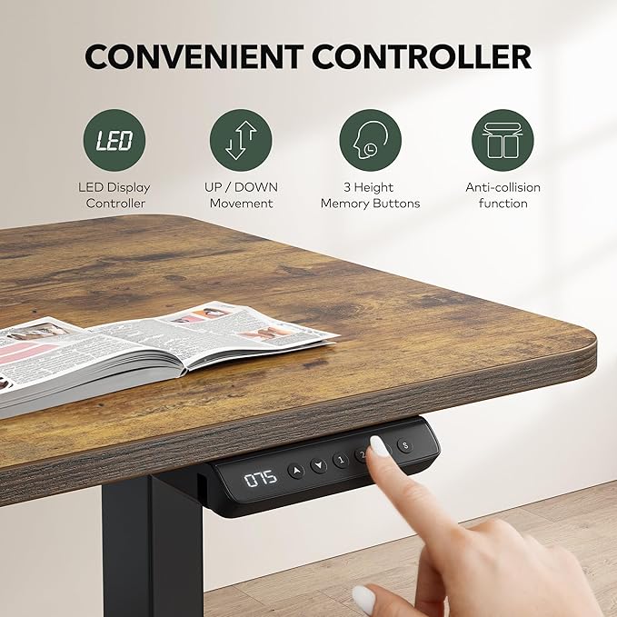 FEZIBO L Shaped Standing Desk Adjustable Height, 63 Inch Electric Stand up Corner Computer Desk, Sit Stand Home Office Desk with Splice Board, Rustic Brown Top/Black Frame - LeafyLoom