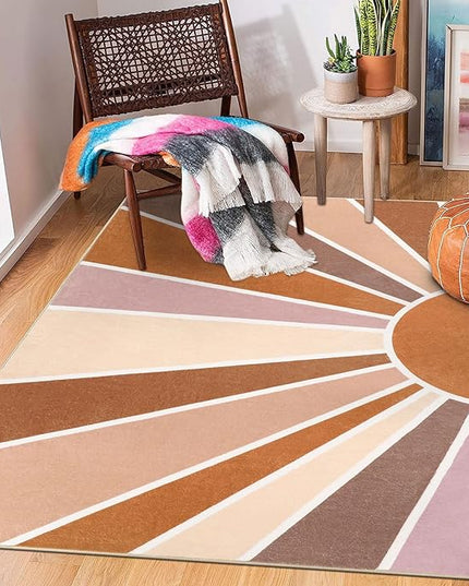 Topotdor Sun Rainbow Area Rug 4 x 6ft Boho Kids Nursery Rug, Colorful Washable Area Rug Ultra Soft Circle Classroom Rug Non-Slip for Bedroom Living Room Playroom Decor, Orange - LeafyLoom