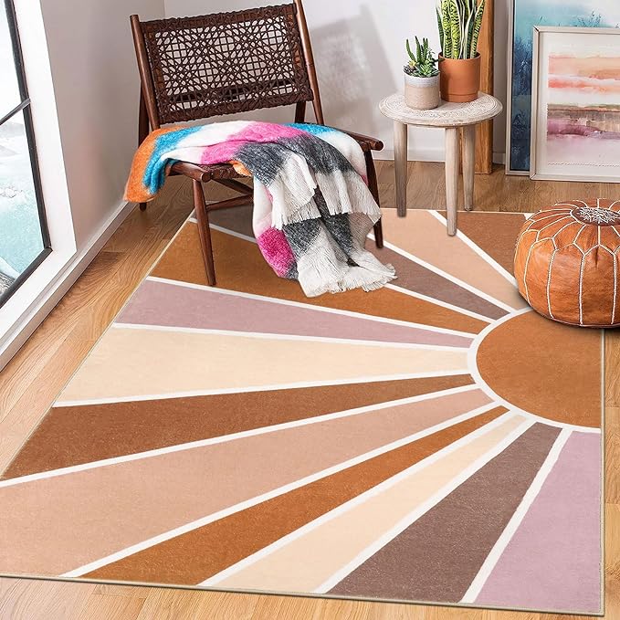 Topotdor Sun Rainbow Area Rug 4 x 6ft Boho Kids Nursery Rug, Colorful Washable Area Rug Ultra Soft Circle Classroom Rug Non-Slip for Bedroom Living Room Playroom Decor, Orange - LeafyLoom