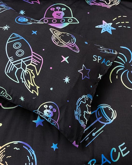 Aimuan Space Comforter Twin Set Kids Rocket Bedding Set Super Soft & Cute Aliens UFO Printed for Boys Girls Teen (Black, Twin 5Pcs) - LeafyLoom