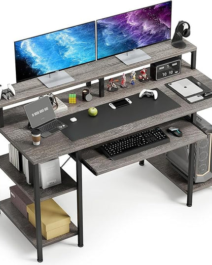VERMESS Computer Desk- 48 Inch Home Office Desk with Keyboard Tray, 47" Gaming Desk with Full Monitor Stand & Storage Shelves & CPU Stand, Modern Study Writing Table with Shelf for Storage, Gray Oak - LeafyLoom