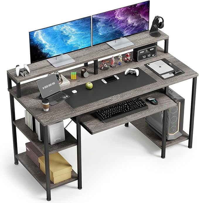 VERMESS Computer Desk- 48 Inch Home Office Desk with Keyboard Tray, 47" Gaming Desk with Full Monitor Stand & Storage Shelves & CPU Stand, Modern Study Writing Table with Shelf for Storage, Gray Oak - LeafyLoom