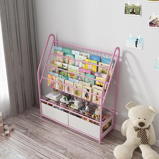 Kids Book Shelf with Storage 32inch, 5 Tier Freestanding Pink Bookshelf, Large Modern Minimalist Book Case With Toy Storage Organizer For Bedroom Study Room Playrooms Children Room KDSJ2305-Pink - LeafyLoom