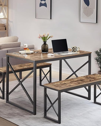 VECELO Kitchen Table with 2 Benches for 4, 43.3'' Wood Dining Room Dinette Sets with X Metal Frame for Breakfast Nook and Small Space, Brown - LeafyLoom