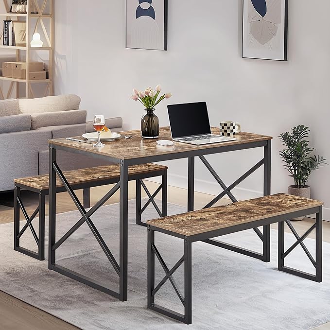 VECELO Kitchen Table with 2 Benches for 4, 43.3'' Wood Dining Room Dinette Sets with X Metal Frame for Breakfast Nook and Small Space, Brown - LeafyLoom