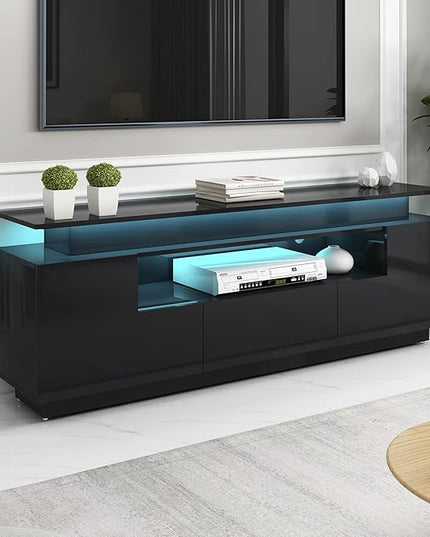 Modern Functional Stand with Color Changing LED Lights and Storage Space, High Gloss Television Cabinet for TVs Up to 75+'' for Living Room Furniture, 75 inch, Black - LeafyLoom