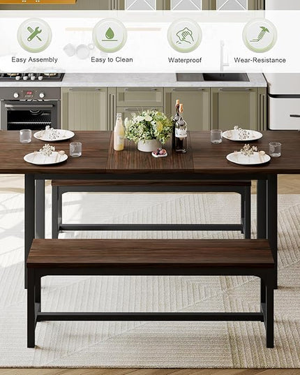 Feonase 63" Extendable Dining Room Table Set for 4, Modern Dining Table with 2 Benches, 3 Pcs Kitchen Table for Small Space, Easy Clean, Espresso - LeafyLoom