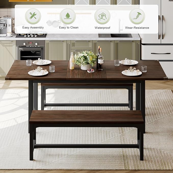 Feonase 63" Extendable Dining Room Table Set for 4, Modern Dining Table with 2 Benches, 3 Pcs Kitchen Table for Small Space, Easy Clean, Espresso - LeafyLoom