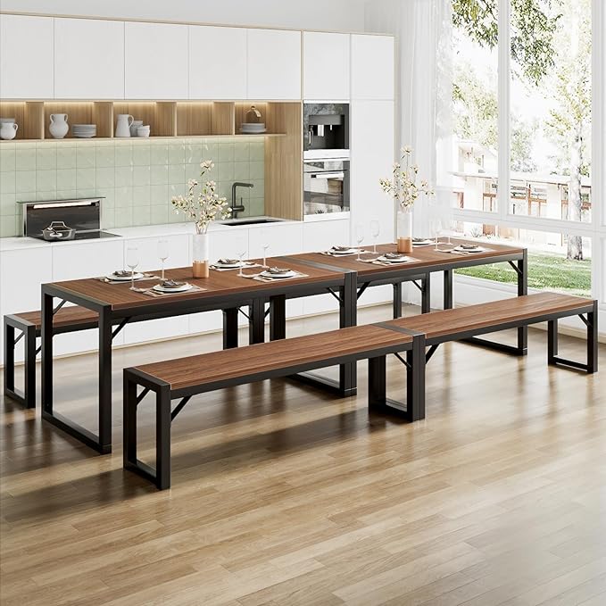 SHA CERLIN 3-Piece Dining Table Set with 2 Benches, Rustic Kitchen Table Set for 4-6, Space-Saving Dinette, Sturdy Structure, Easy Assemble, Walnut/Black - LeafyLoom