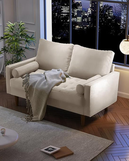 Velvet Furniture for Small Spaces, Mid-Century Modern Loveseats for Living Room, Love Seat Couch Sofas, 58 Inches, Beige - LeafyLoom
