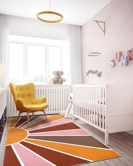 Topotdor Sun Rainbow Area Rug 4 x 6ft Boho Kids Nursery Rug, Colorful Washable Area Rug Ultra Soft Circle Classroom Rug Non-Slip for Bedroom Living Room Playroom Decor, Pink - LeafyLoom