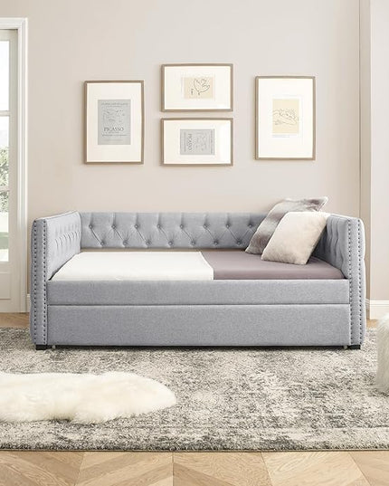 Linen Upholstered Full Size Daybed with Twin Trundle, Solid Wooden Bed Frame w/Button Tufted and Copper Nail on Square Arms, No Spring Box Need, for Kids, Bedroom, Dorm - LeafyLoom