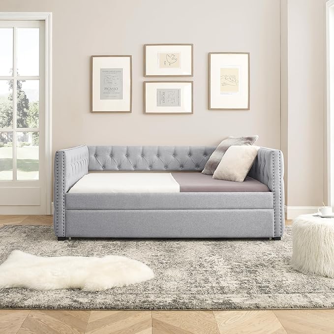 Linen Upholstered Full Size Daybed with Twin Trundle, Solid Wooden Bed Frame w/Button Tufted and Copper Nail on Square Arms, No Spring Box Need, for Kids, Bedroom, Dorm - LeafyLoom