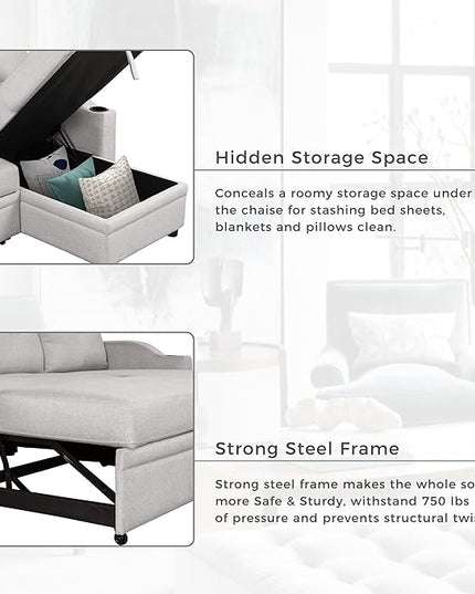 80.3'' L-Shape Convertible Sleeper Sectional Sofa with Storage Chaise and Pull-Out Bed, Linen Upholstered Reversible Corner Couch w/Tufted Cushions &Cup Holder, for Living Room, Apartment - LeafyLoom