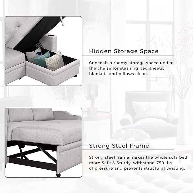80.3'' L-Shape Convertible Sleeper Sectional Sofa with Storage Chaise and Pull-Out Bed, Linen Upholstered Reversible Corner Couch w/Tufted Cushions &Cup Holder, for Living Room, Apartment - LeafyLoom