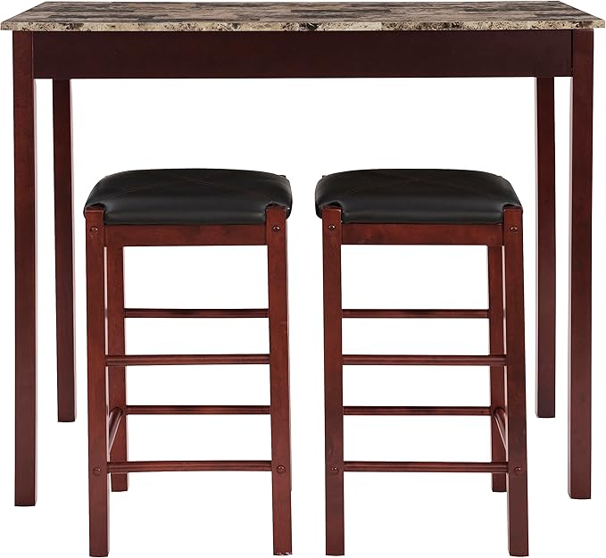 Linon Brown 3-Piece Table Faux Marble Tavern Set, 42" w x 22.25" d x 36" h - LeafyLoom