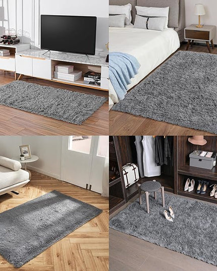 Ophanie Grey Machine Washable 3 x 5 Feet Rugs for Bedroom, Fluffy Shaggy Bedside Floor Dorm Area Rug, Soft Fuzzy Non-Slip Indoor Room Carpet for Kids Boys Girls Teen Home Decor Aesthetic, Nursery - LeafyLoom