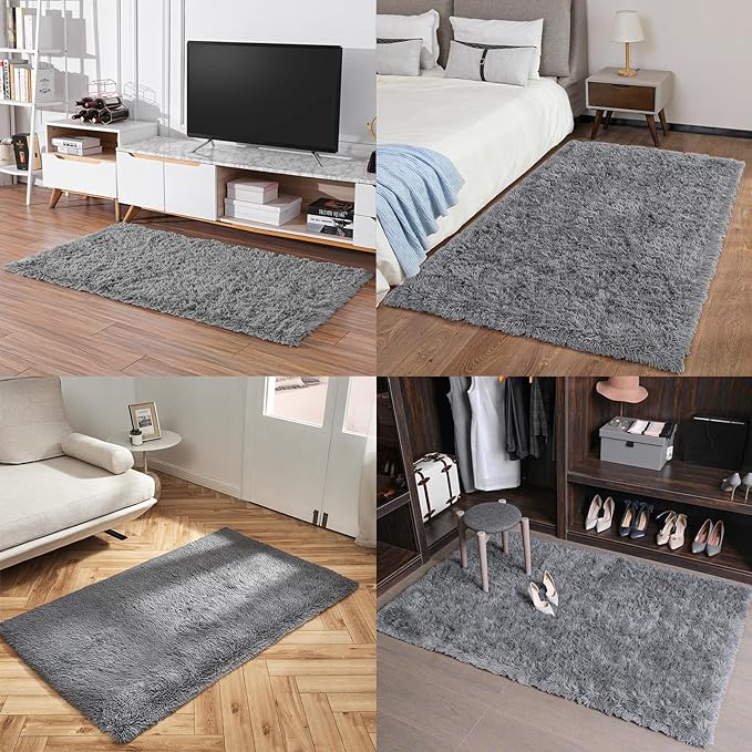 Ophanie Grey Machine Washable 3 x 5 Feet Rugs for Bedroom, Fluffy Shaggy Bedside Floor Dorm Area Rug, Soft Fuzzy Non-Slip Indoor Room Carpet for Kids Boys Girls Teen Home Decor Aesthetic, Nursery - LeafyLoom