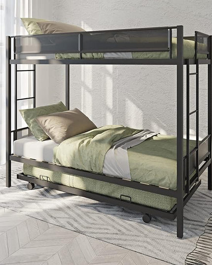 Twin over twin bunk bed with Trundle,Sturdy Metal Frame,Noise-Free Wood Slats,Comfortable Textilene Guardrail, 2 side Ladders,Space-Saving-Trundle,Bunk-Bed for Three,No Box Spring Needed,Black - LeafyLoom