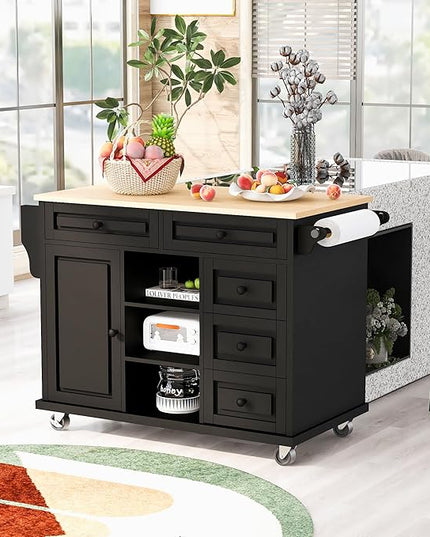 Island with Storage Cabinets, Rolling Mobile Kitchen-cart with Rubber Wood Desktop and 5 Drawers & Open Shelves, Sideboard for Dining Room, Home Bar, Black, 52.8 Inch - LeafyLoom