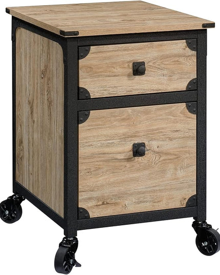 Sauder Steel River L-Shaped Desk, L: 59.84" x W: 57.32" x H: 29.53", Milled Mesquite Finish & Steel River Pedestal File Cabinet, L: 20.87" x W: 23.86" x H: 26.58", Milled Mesquite Finish - LeafyLoom